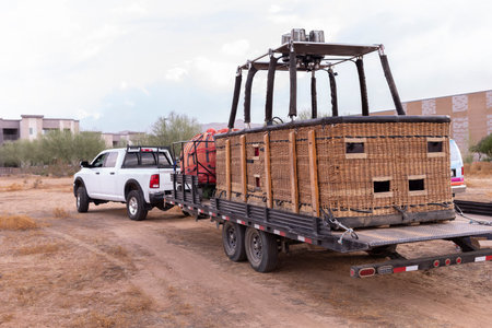 Car, Truck Ride With Hot Air Balloon Basket On Car Trailer, Preparing To Fire Up Balloon In The...