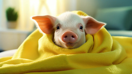 Cute Mini Pig, Little Guinea Pet Lying On Sofa Covered By Yellow Blanket. Taking Care Of Exotic Piglet. Happy Adorable Animal. AI Generated. Horizontal Plane Copy Space.の素材