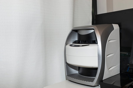 Scan Dental X-ray Imaging Machine, Technology Device In Lab. Teeth Examine. Doctor. Dentistry, Medical And Dental Health Scan Test. Horizontal Plane. Copy Spaceの写真素材