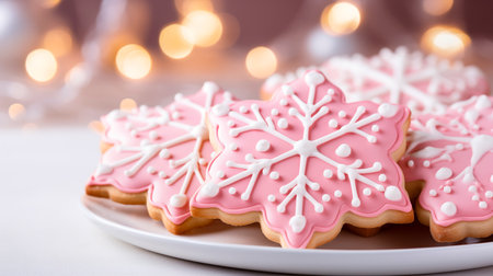 Closed Pink Glazed Gingerbread Cookies on Plate on Wooden Table, Pink Gold Christmas Light with Bokeh On Background. Snowflake, Star Shapes of New Year Dessert. Xmas Postcard, Mockup. AI Generatedの素材