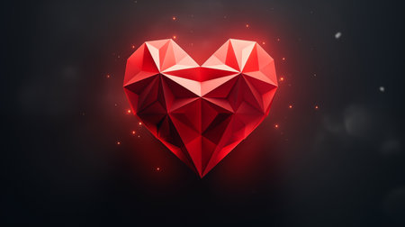 Red Geometric Illuminated Origami 3d Heart On Dark Black Background. Beautiful Polygon Heart For Saint Valentines Day. Love, February 14. Ai Generated. Horizontal Plane.の素材