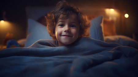 Smiling Little Boy, Kid Lying, Sitting On Bed Under Blanket, Getting Ready To Sleep Or Waiting For Tooth Fairy. Cozy Room, Night And Happy Dreams. Cute Preschool Boy Enjoys Leisure Time Ai Generatedの素材