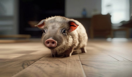 Little Gray Black Mini Baby Pig, Cute Pet Sitting on Floor At Kitchen. Taking Care Of Adorable Piglet. Zoo Shop Or Vet. Happy Baby Animal. AI Generated. Horizontalの素材