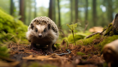 Wild Hedgehog Erinaceus Europaeus Eats Worm and Snake in Green Forest, on Moss-covered Ground Horizontal. Copy Space for Copy. Animal Wildlife. AI Generated.の素材