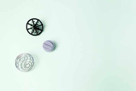 Mockup Variety of Protein Shaker Balls For Shaker Bottle or Cup. Workout Gym. Horizontal Space For Text. Top View. Green Blue Backgroundの写真素材