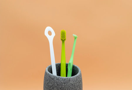 Personal Dental Oral Hygiene Set. Green Toothbrush, White Flexible Tongue Scraper, Interdental...