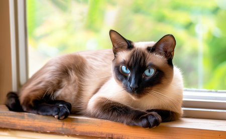 Chilling Relaxing Beige Dark Siamese Asian Cat Lying on Windowsill Indoor, Green Trees on Background. National Cat Day. Happy Sleeping Pet. Ai Generated. Horizontal Plane.の素材