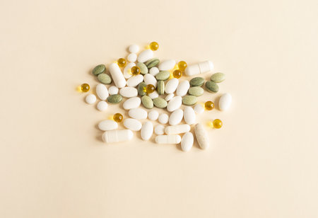 Assorted Pile of Colorful Pills, Green White Yellow, Beige Tablets, Vitamins, Capsules, Medical...