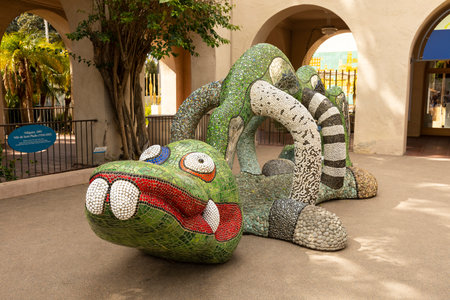 Colorful Mosaic animal Sculpture Dragon Nikigator Near Mingei Museum, Balboa Park Created By French American Sculptor Niki De Saint Phalle. Horizontal. San Diego, Usa. March 13th, 2024のeditorial素材