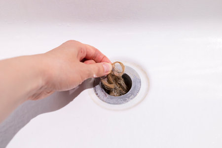 Clogs In Drain, Hair Loss, Hair Fall. Human Hand Pulls Big Tuft Of Blond Hair In White Bathtub Of...