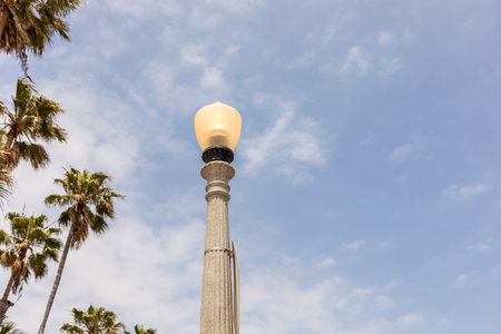 Template Street Light. Working Lamppost, Light Bulb on Column. Blue Cloudy Sky and Palm Trees on Background. Horizontal Plane. Outdoor Lighting System. Copy Spaceの写真素材