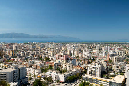 Albania, Vlore, cityscape seen from Kuzum Baba hill. Aerial city view, city panorama of Vlore with...