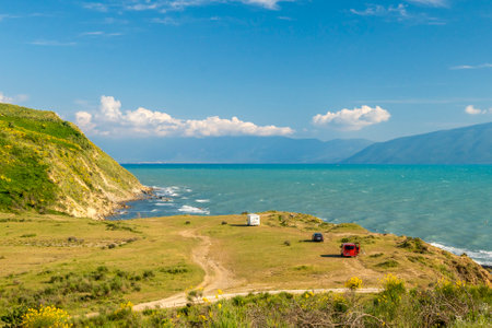 Family vacation travel RV, holiday trip in motorhome, Caravan car Vacation. Beautiful Nature Albania...