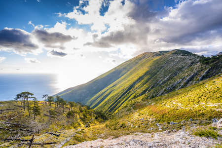 Sea landscape with mountains and clouds in Albania.の写真素材