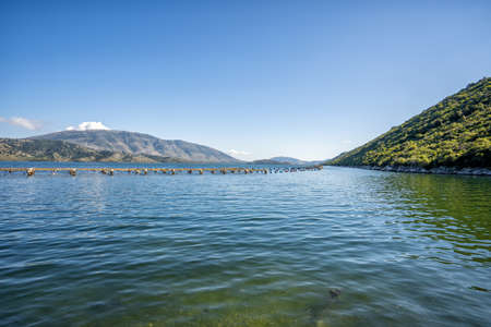 lake with sea water in which mussels are grown near Butrint National Park in southern Albania near Sarandaの写真素材
