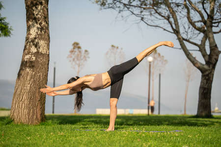 Athletic young woman doing yoga in the Park in the morning.