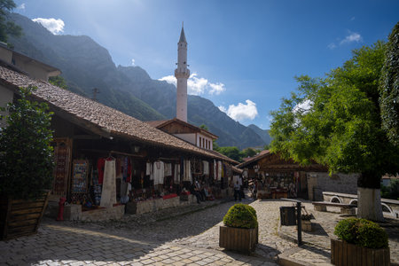 KRUJA, ALBANIA SEPTEMBER 10, 2022: Traditional Ottoman market in Kruja, near Tirana, birth town of National Hero Skanderbeg. Flea market in Albania. Antique items and souvenirs for sale.のeditorial素材