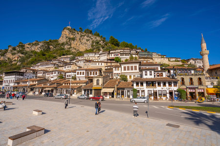 BERAT, ALBANIA, SEPTEMBER 29, 2022: Berat castle viewed from boulevard Republika in Albania