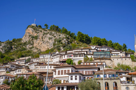 BERAT, ALBANIA, SEPTEMBER 29, 2022: Berat castle viewed from boulevard Republika in Albaniaのeditorial素材