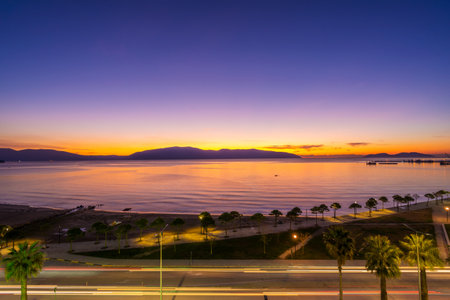 Sunset Over the Sea with Fishing Boat , Beautiful Nature Background from Vlore, Albaniaの写真素材