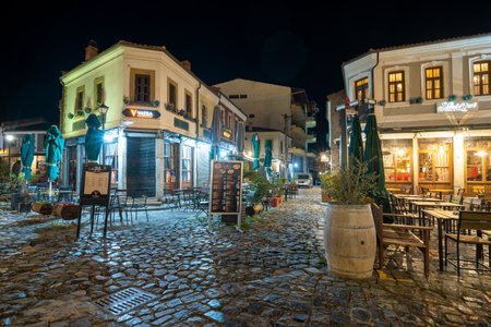 Korce Albania - 01.03.2023: Old Bazaar of Korca city filled with no people at nightのeditorial素材
