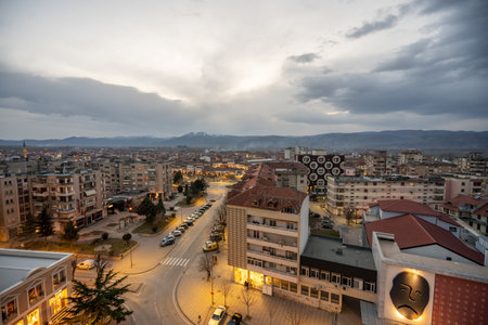 View of the main pedestrian area of Korce Albania leading up to the Resurrection of Christ Orthodox Cathedral viewed from above.の写真素材