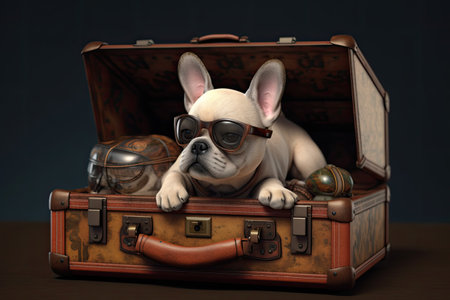 Fun french bulldog puppy dog with sunglasses sitting in a suitcase. Generative ai imageの写真素材