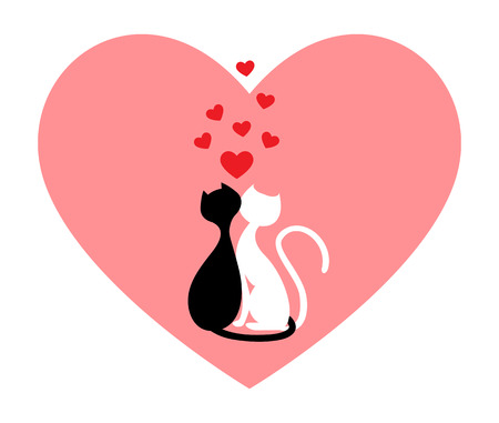 Black cat and white cat, side by side in pink heartのイラスト素材