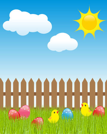 Easter landscape: colored eggs in green grass, cartoon chickens, white clouds and shiny sun. のイラスト素材