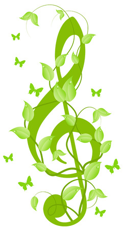Green floral treble clef with small butterflies. Isolated on a white.  illustrationのイラスト素材