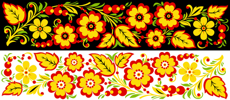 Traditional Hohloma-style pattern, handmade. Two lines on black and white backgrounds. Vector illustration.のイラスト素材