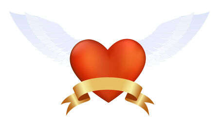 Red heart with gold ribbon banner and wings. Isolated on a white. illustration.のイラスト素材