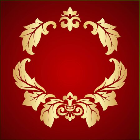 Stamp ornament with gold leaves and lilies on a red background. のイラスト素材