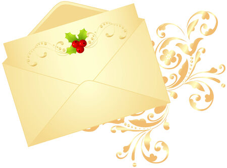 Yellow envelope with holly berry and floral pattrern, christmas decoration. Vector illustration, isolated on a white.のイラスト素材
