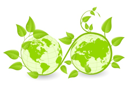 Earth hemispheres covered by green plants. Ecology concept. Vector illustration, isolated on a white.のイラスト素材
