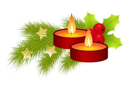 Two red candles, fir branch and holly Vector illustration.のイラスト素材