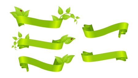 Set of green ribbons with leaves.のイラスト素材