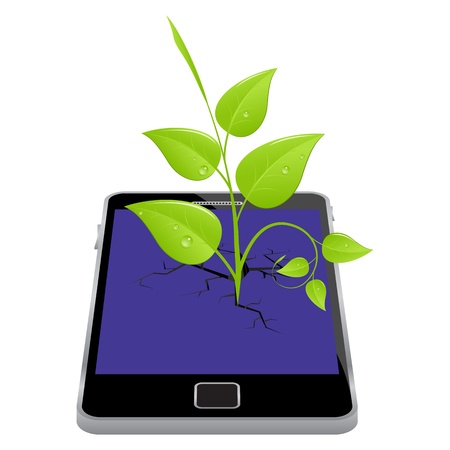 Smartphone with broken screen and plant. Vector illustration.のイラスト素材