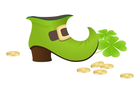 A leprechaun's green boot with shamrock and coins isolated on a white background. Illustration.のイラスト素材