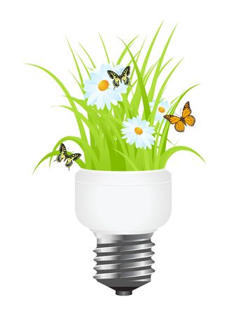 Light bulb with grass inside. Vector illustration, isolated on white.のイラスト素材