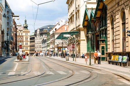 Prague, Czech Republic - May 27th, 2012. Street with tramway.のeditorial素材