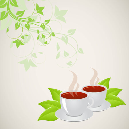 Two cups of tea on floral background. Vector illustration.のイラスト素材