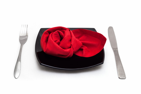 Table setting for Valentine's Day or wedding isolated on white background.の写真素材