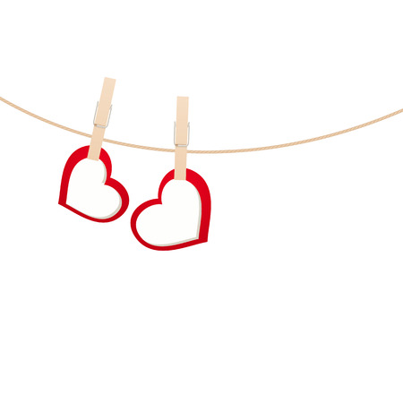 Red hearts with clothespin hanging on clothesline isolated on white background. Vector illustration.のイラスト素材