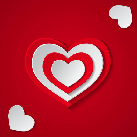 Small hearts around the main heart on red background. Vector illustration.のイラスト素材