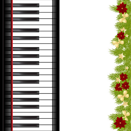 Christmas card with decorations and piano keyboard. Vector illustration.のイラスト素材