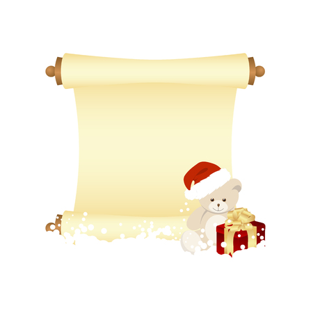 Christmas greeting card with teddy bear and gift box. Vector illustration.のイラスト素材