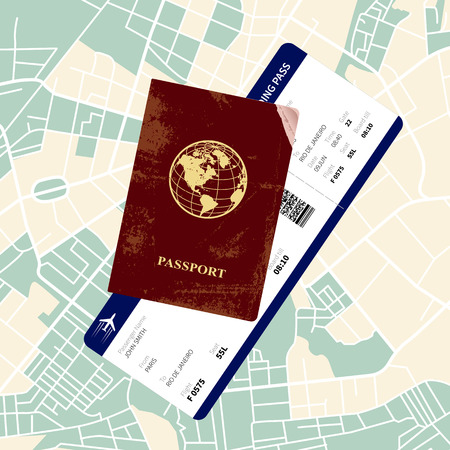International red passport with a boarding pass on a map. Vector illustration.のイラスト素材
