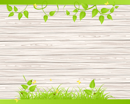 Green grass and leaves over wood fence backgroundのイラスト素材