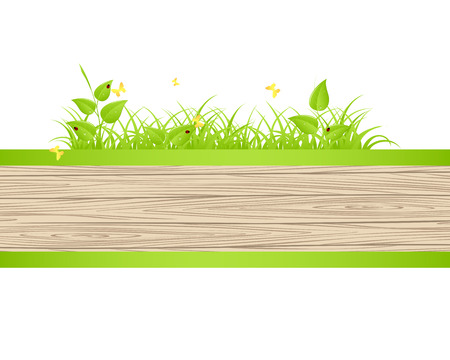 Green grass and leaves over wood fence backgroundのイラスト素材